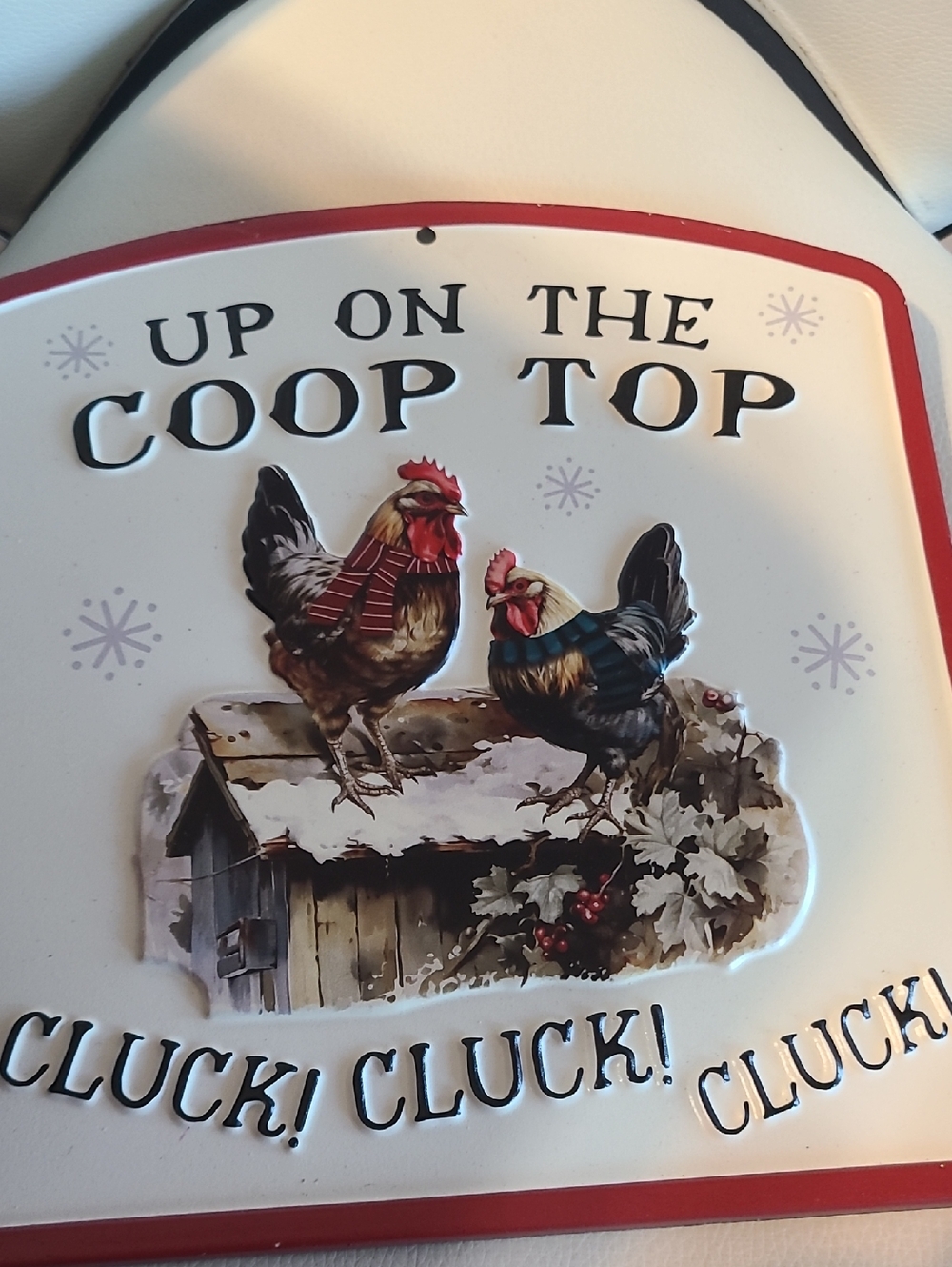 Up On The Coop Top Decorative Chicken Sign - Red & Cream